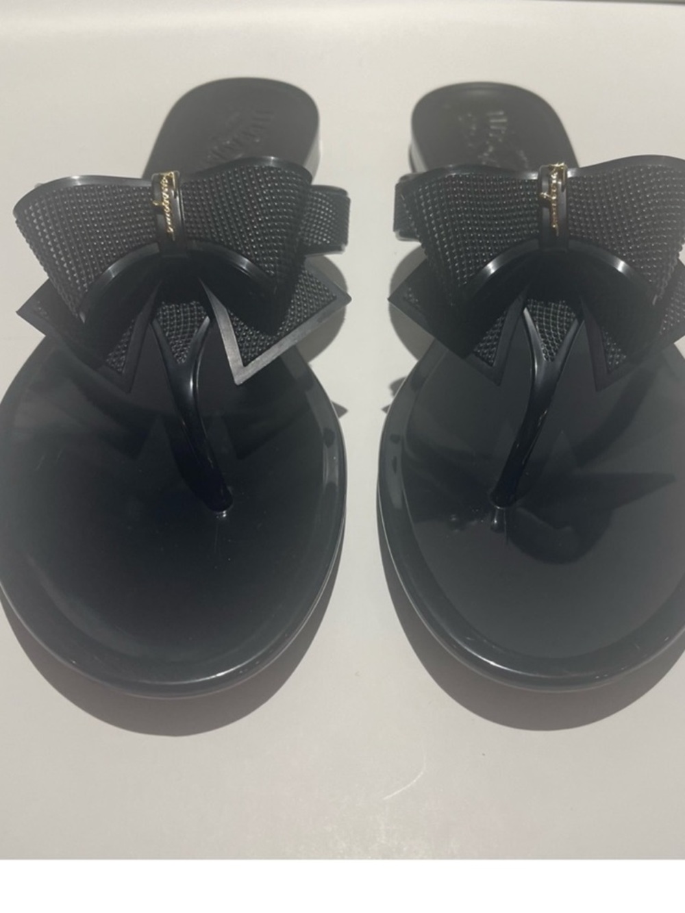 Salvatore Ferragamo Black Bow Jelly Thong Sandals with Gold Logo Accent - Picture 5 of 13